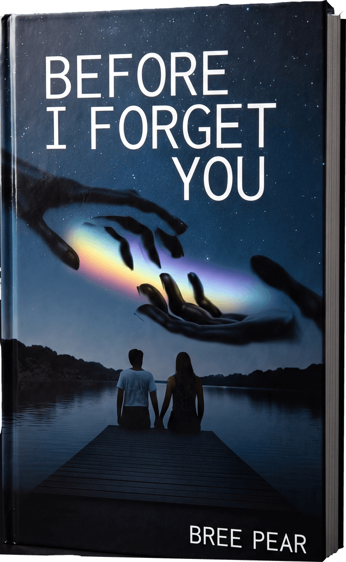 Before I Forget You by Bree Pear — hardcover edition: two figures on a dock beneath an aurora reaching between two hands